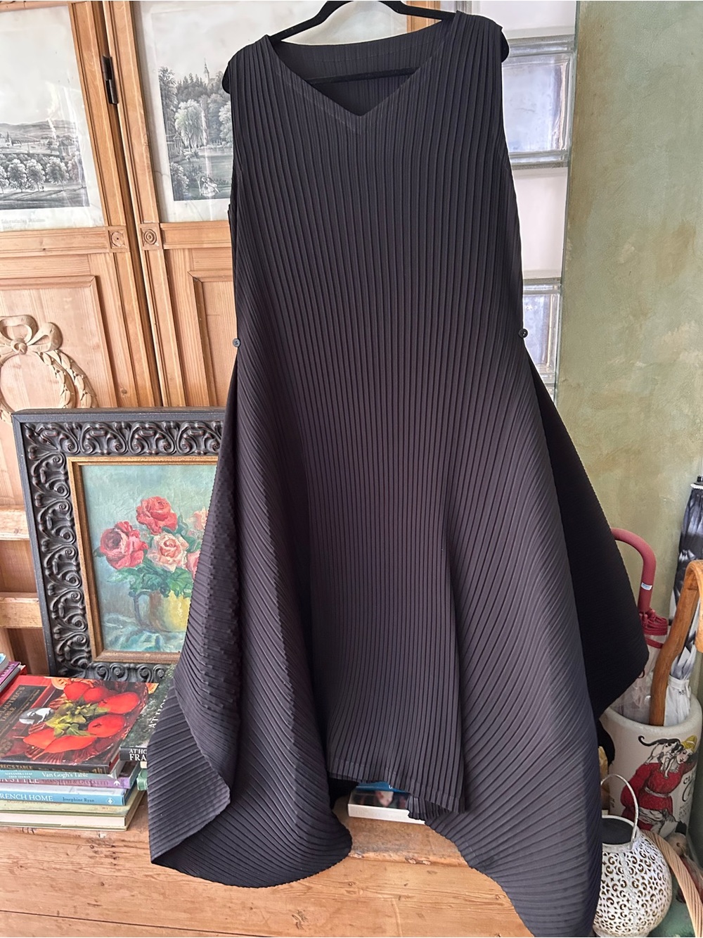 Issey Miyake Women's Black Pleated Tie Low Midi Dress Classic Dramatic Style - Picture 2 of 6